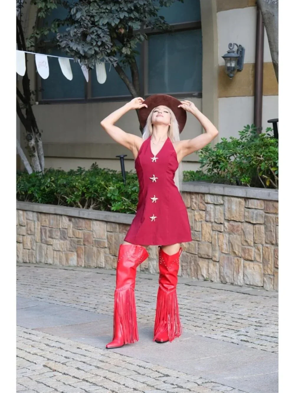 Women's Red Pointed Toe Fringe Wide Calf Cowgirl Over The Knee High Boots